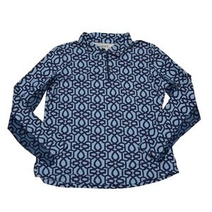 IBKÜL 1/4 Zip Pullover Women L Blue Geometric‎ Mesh Vent Long Sleeve Top Tennis